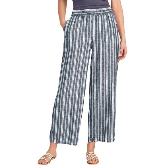 NWOT OLD NAVY Pant 3X Linen Wide-Leg Stripe Blue-White Pull-Up High-Waist Pocket